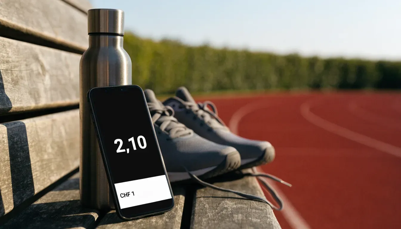 Ein Smartphone mit dunklem Bildschirm lehnt an einer Wasserflasche, daneben stehen Laufschuhe auf einer Bank am Sportplatz.