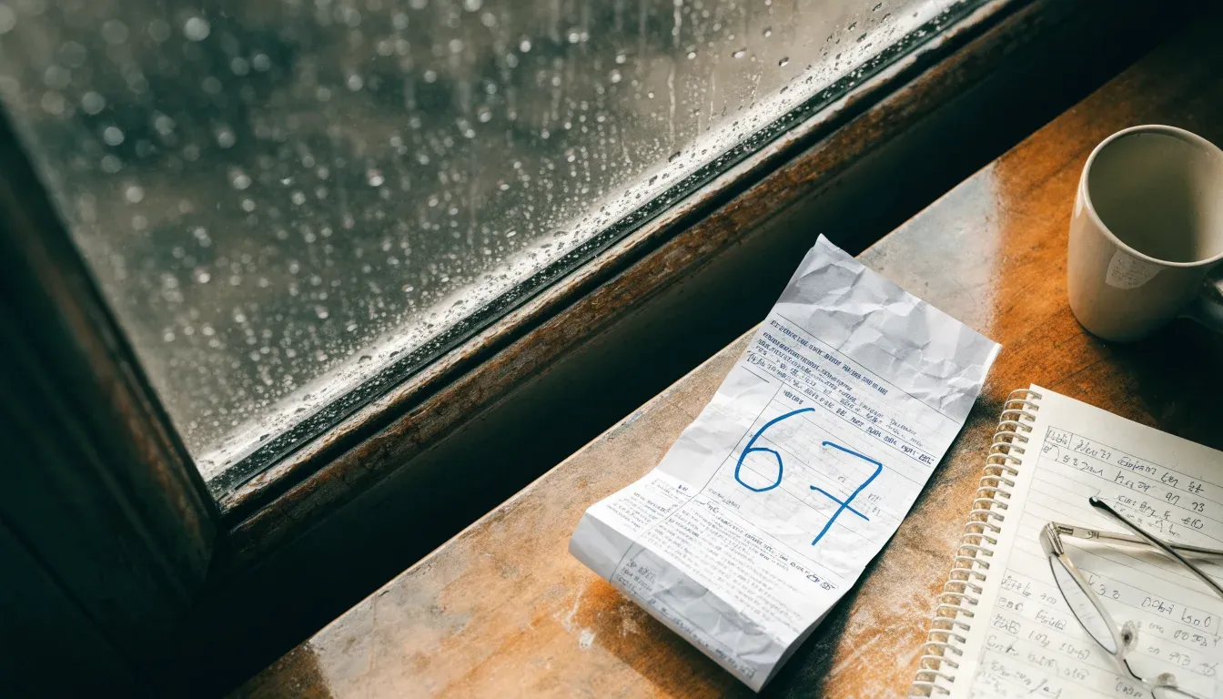 Eine Sanduhr steht auf einem Holztisch neben einer Brille, hinter dem Fenster laufen Regentropfen über das Glas.