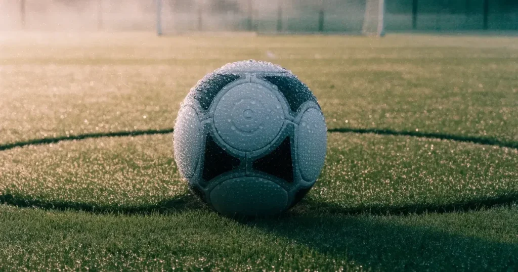 Ein Fussballplatz im Morgennebel, im Mittelkreis liegt ein einzelner Ball und der Rasen glänzt vom Tau.