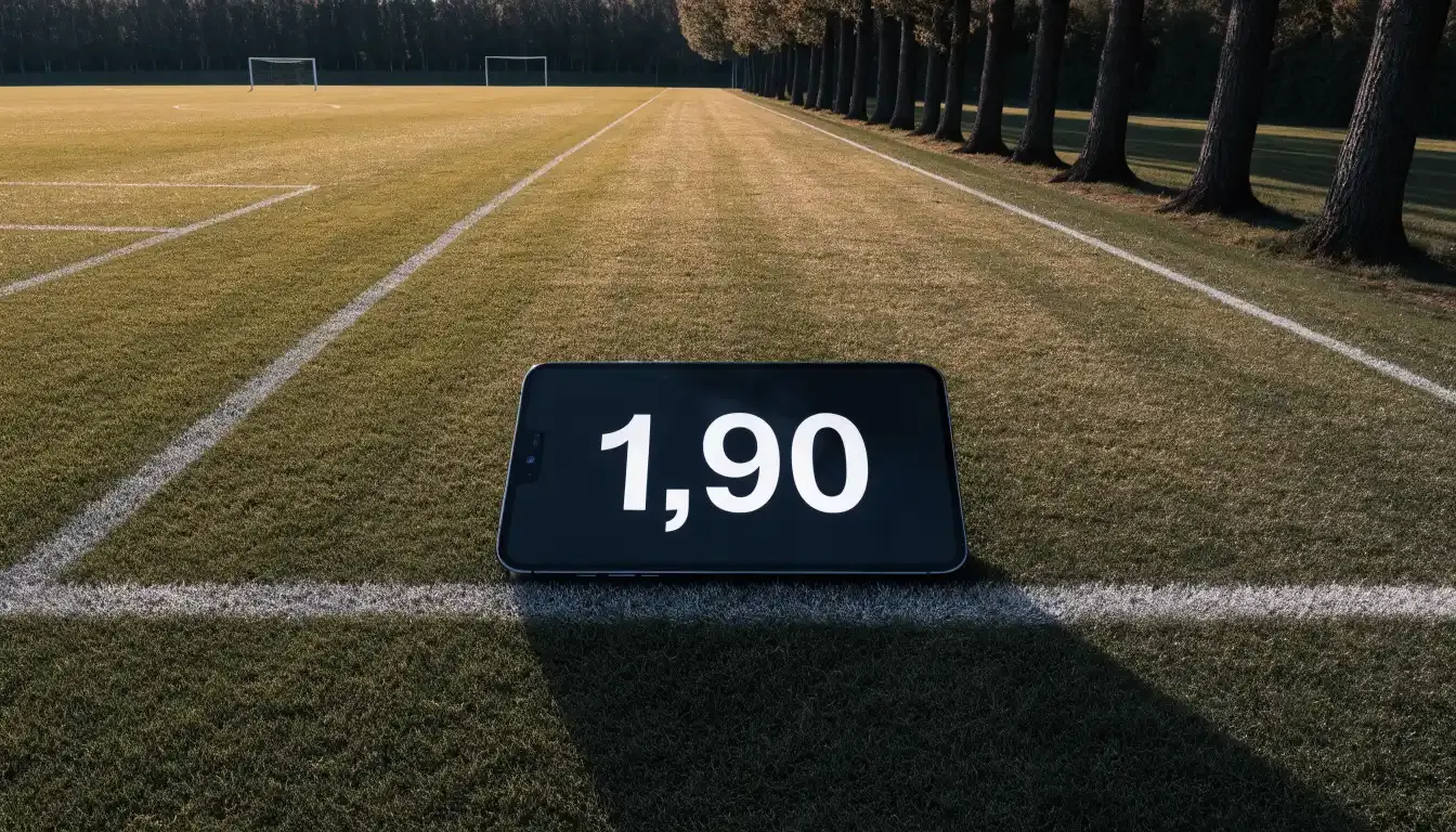 Ein leerer Fussballplatz mit weissen Linien von oben gesehen im Morgenlicht, am Rand stehen zwei Tore und eine Reihe Pappeln.