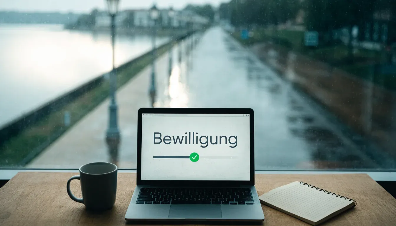 Eine Seepromenade mit leeren Bänken an einem nebligen Morgen, im Wasser spiegeln sich die Lichter der Uferlaternen.