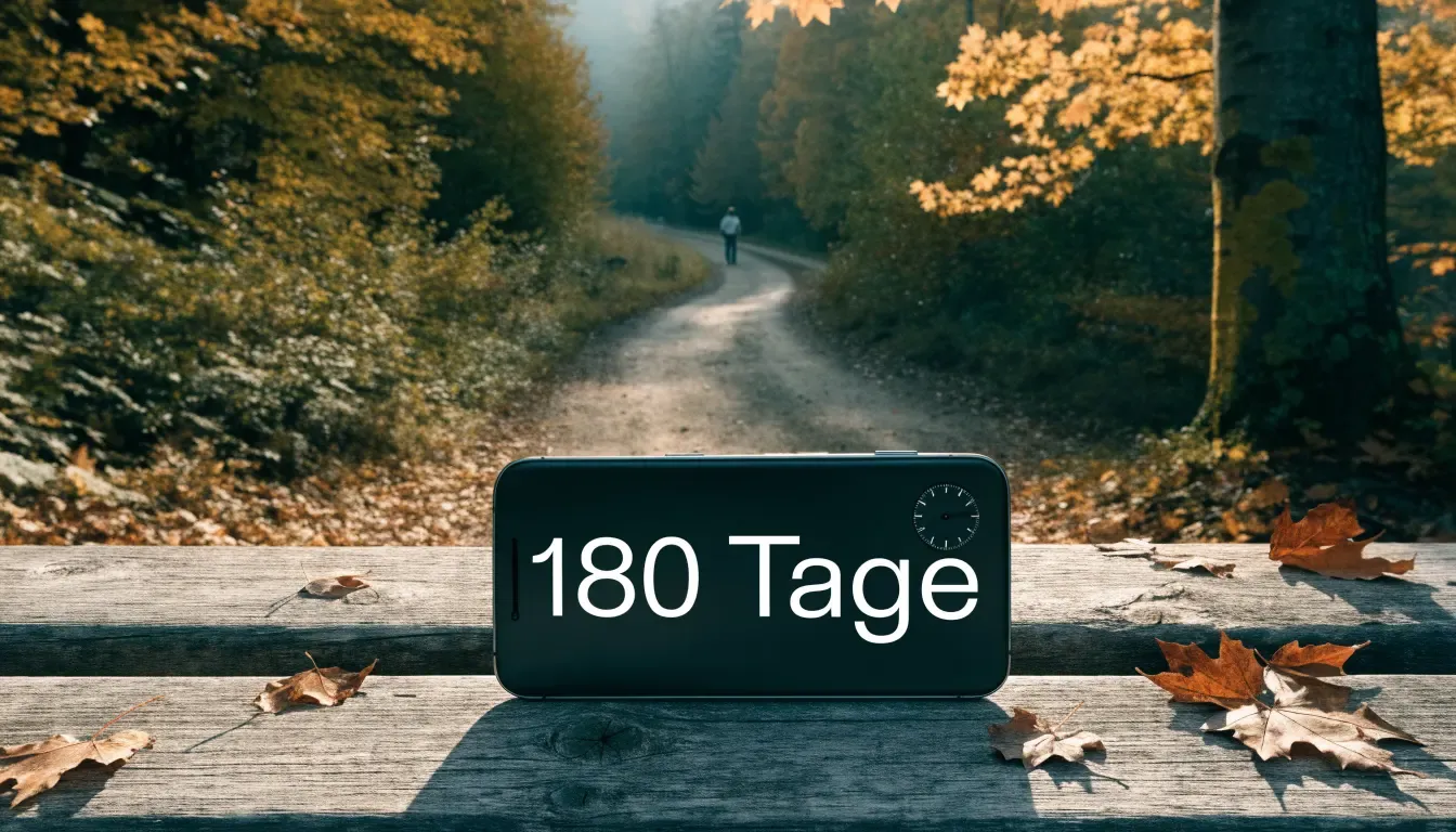 Ein Waldweg im Herbst mit buntem Laub, in der Ferne geht eine einzelne kleine Gestalt zwischen den Bäumen.