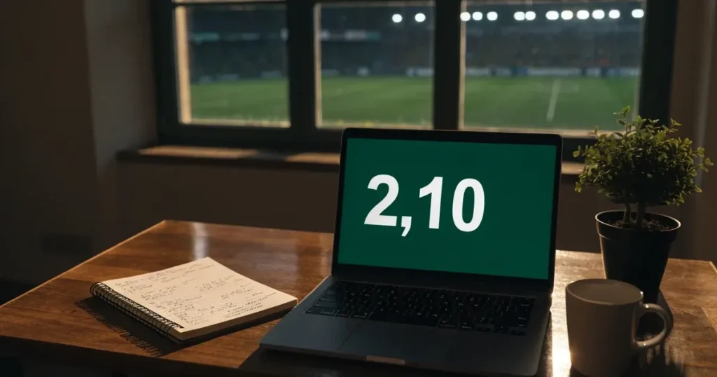 Ein aufgeräumter Schreibtisch mit Pflanze und Tasse in einem Heimbüro, vor dem Fenster liegt ein Fussballplatz im Gegenlicht.