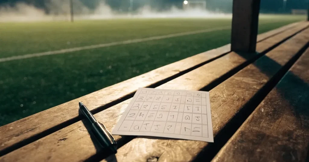 Ein Fernglas liegt auf einer leeren Holzbank an der Seitenlinie eines Fussballfelds, vom Rasen steigt Nebel auf.