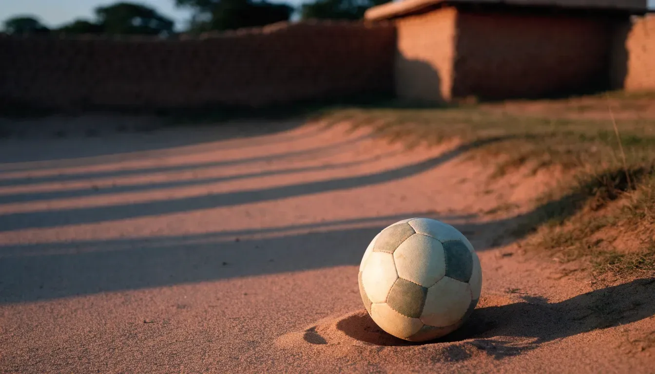 Ein Fussball liegt auf rotbraunem Sand am Rand eines Dorfes, die Abendsonne wirft lange Schatten.