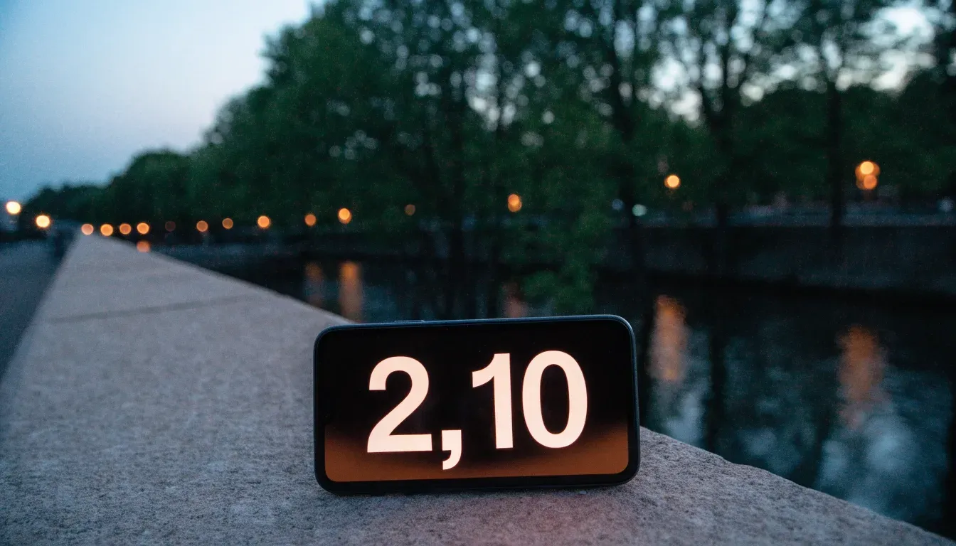 Eine Rheinpromenade mit hohen Bäumen am Abend, das Wasser spiegelt das Licht der ersten Laternen.