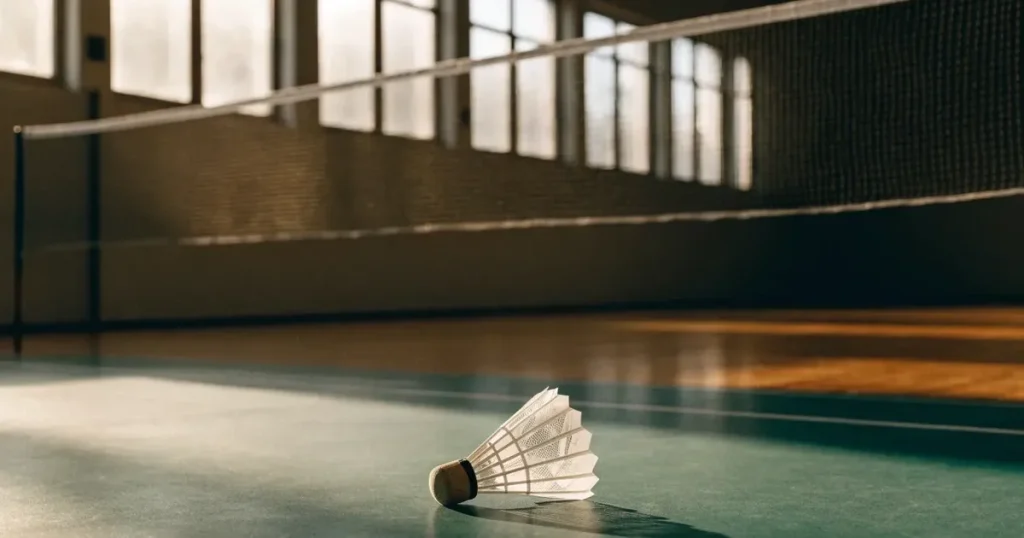 Ein Federball liegt auf dem Boden einer leeren Sporthalle, das Netz verschwimmt im Hintergrund, Licht fällt durch hohe Fenster.