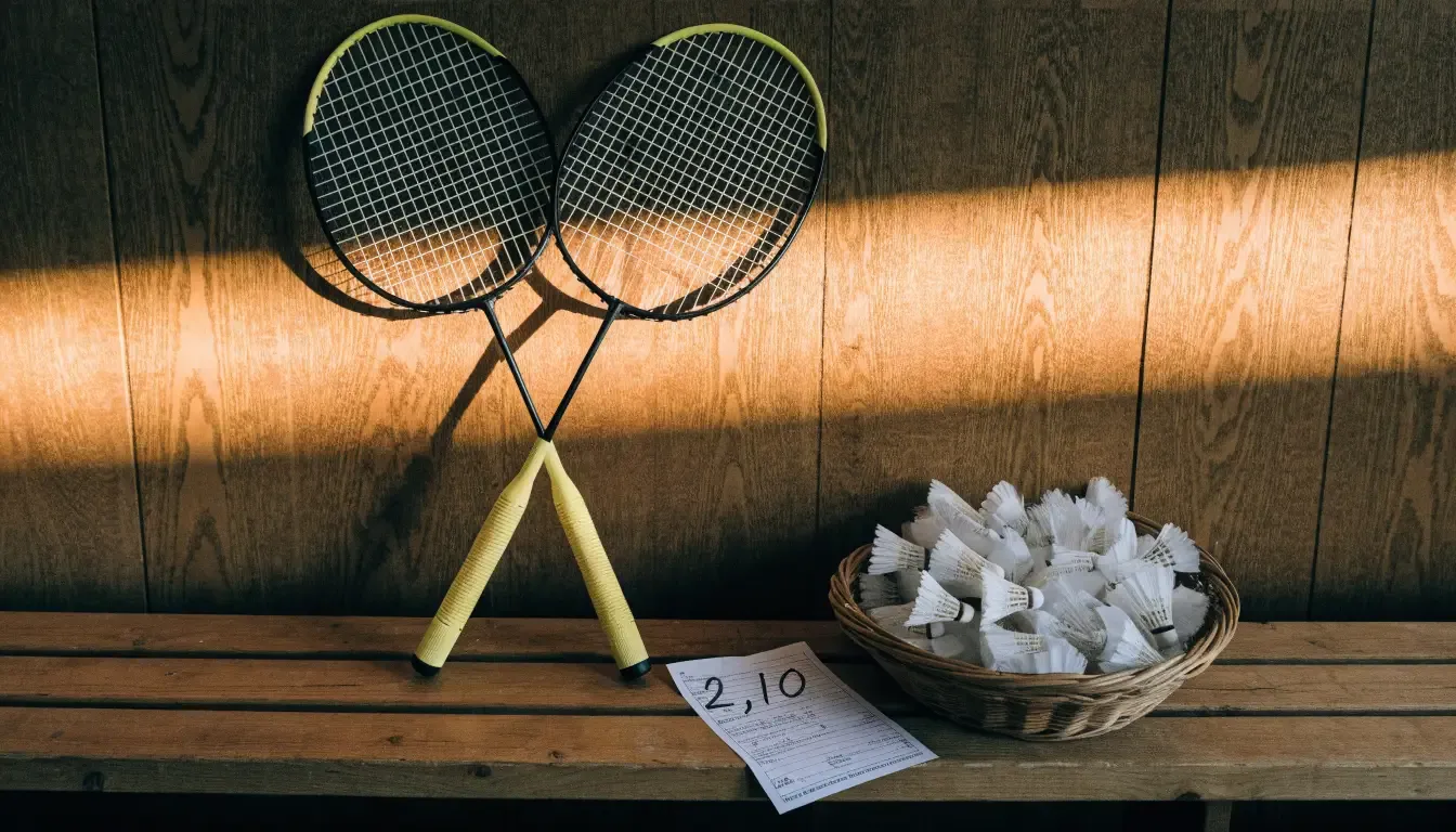 Zwei Badmintonschläger lehnen gekreuzt an einer Hallenwand aus Holz, daneben steht ein Korb mit Federbällen.