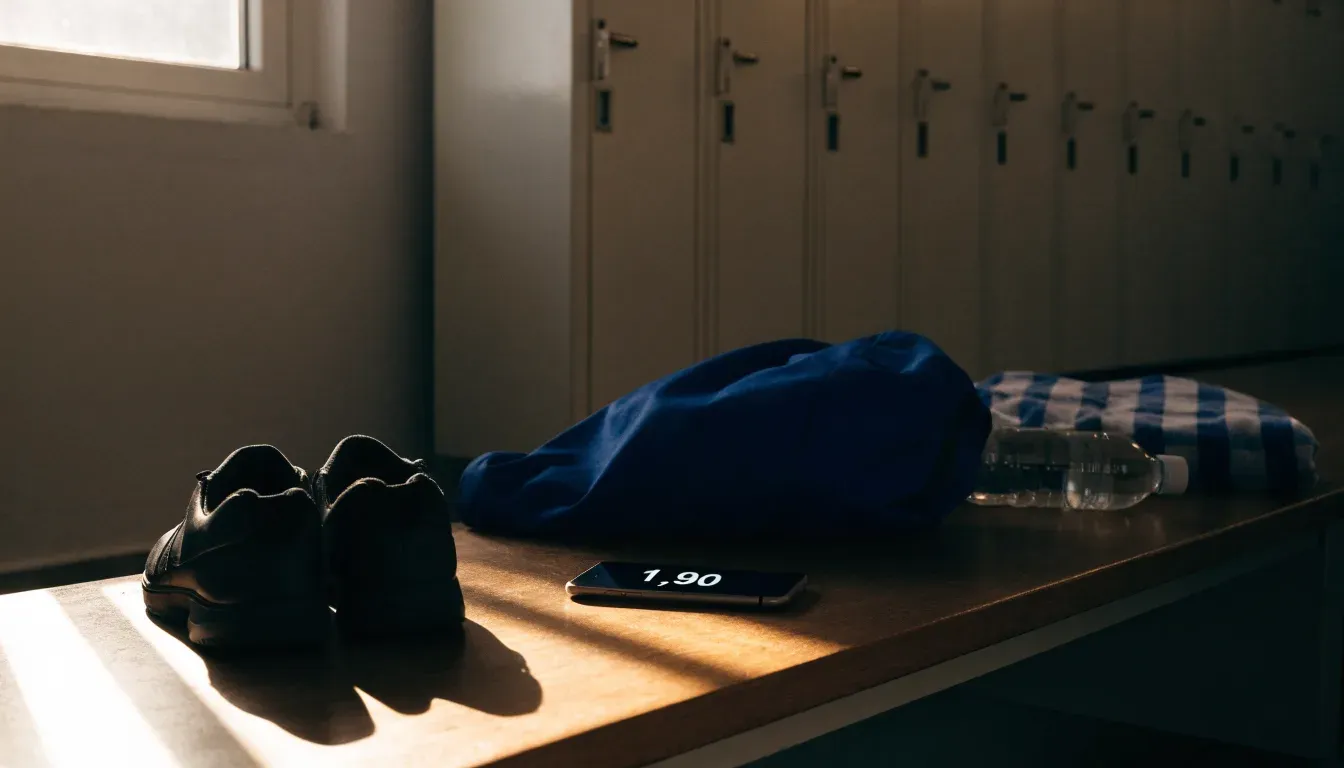 Ein Paar Hallenschuhe steht ordentlich neben einer Sporttasche auf einer Bank in einer leeren Garderobe, ein Fenster lässt Morgenlicht herein.