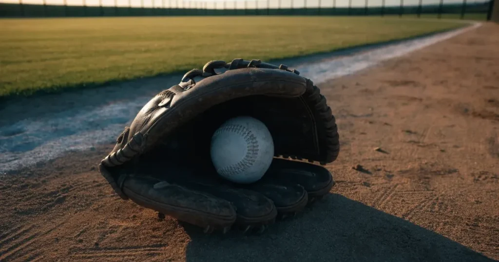 Ein Lederhandschuh und ein Ball liegen auf dem Sandboden eines leeren Spielfelds, die tiefstehende Sonne wirft lange Schatten.