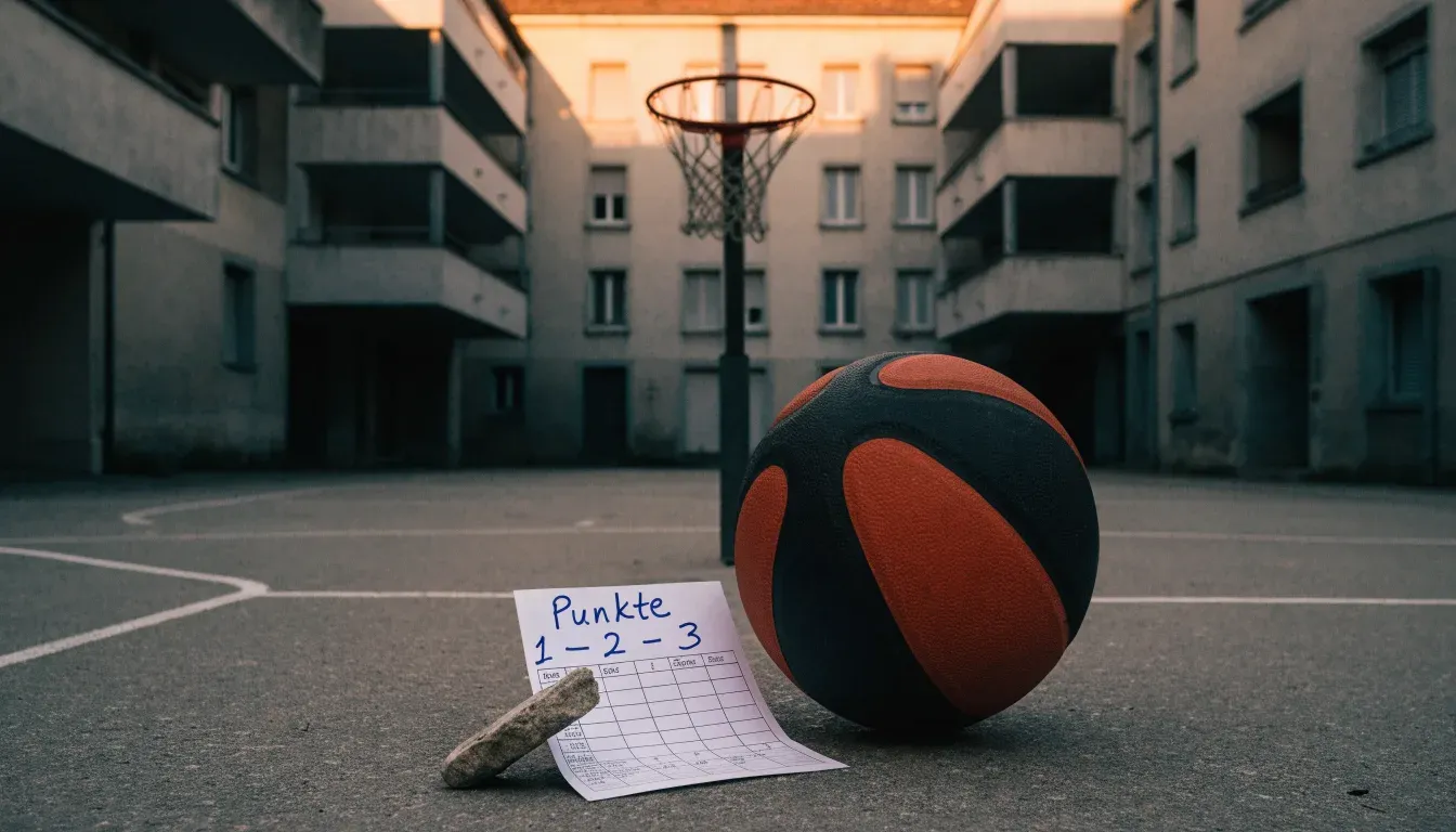 Ein Basketball liegt auf einem Asphaltplatz in einem Hinterhof zwischen Wohnblöcken, das Abendlicht färbt die Wände warm.