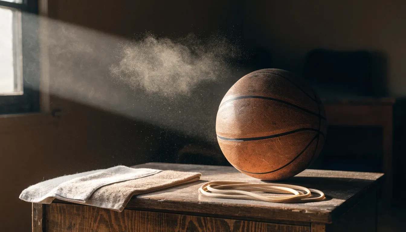 Ein abgenutzter Lederball liegt auf einem Holzregal in einem Vereinsraum, ein Sonnenstrahl macht den Staub sichtbar.