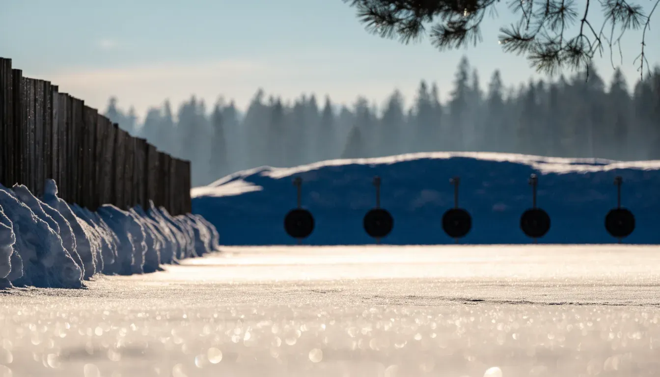 Ein Paar Langlaufskier steckt aufrecht im Schnee neben einem Holzzaun, die Sonne glitzert auf Eiskristallen.