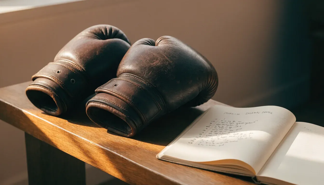 Ein Paar Boxhandschuhe aus Leder liegt auf einer Holzbank neben einem Notizbuch mit handgeschriebenen Zeilen, warmes Fensterlicht