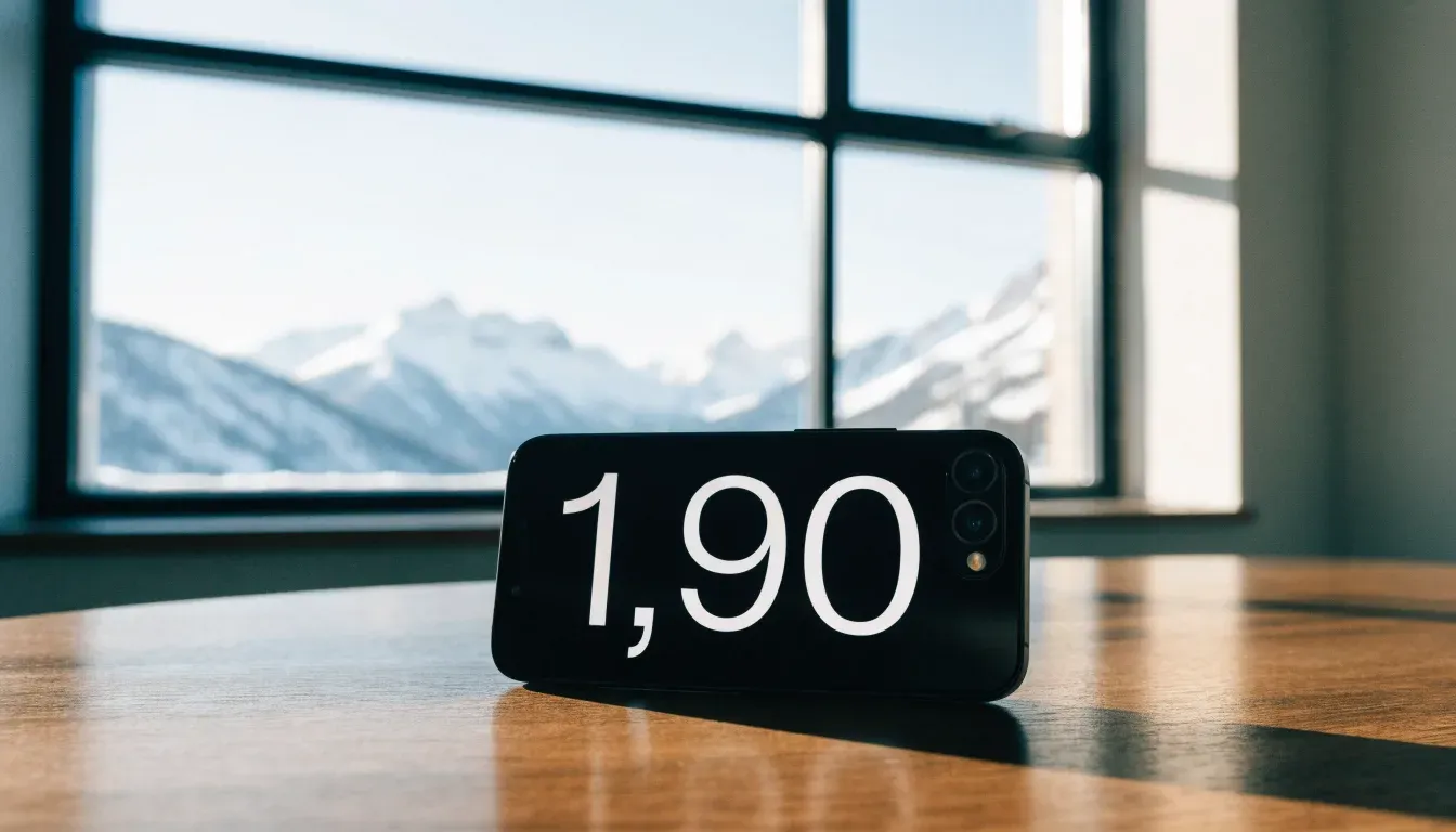 Ein Smartphone mit dunklem Bildschirm liegt auf einem Holztisch vor einem Fenster mit Blick auf schneebedeckte Gipfel