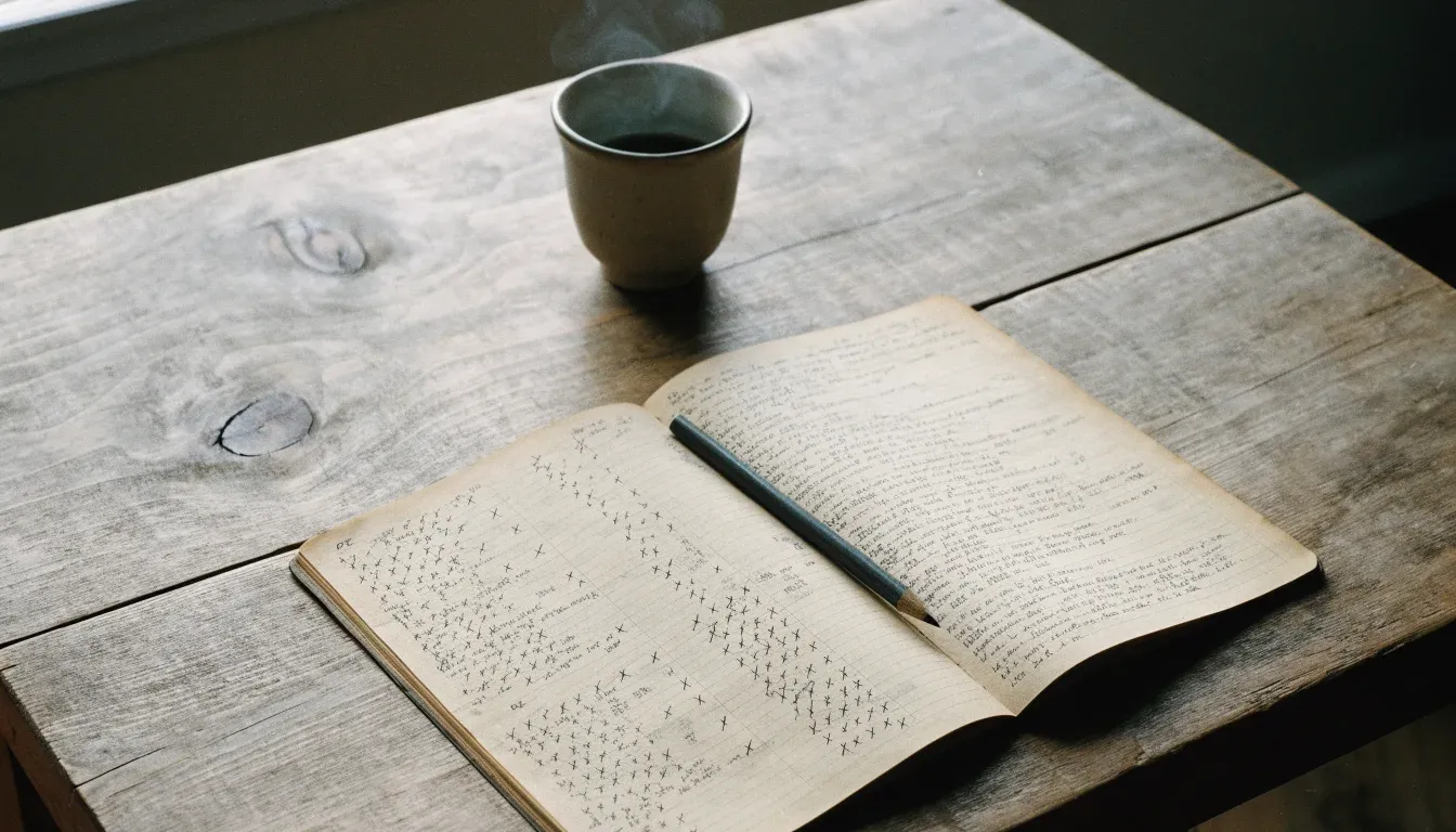Ein aufgeschlagenes Notizbuch mit handgeschriebenen Spalten und ein Bleistift neben einer Tasse Kaffee auf einem Holztisch am Morgen