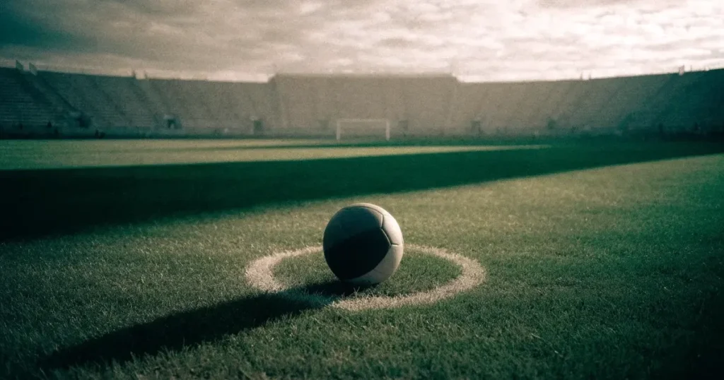 Ein Fussball liegt auf dem Anstosspunkt eines frisch gemähten Rasens, dahinter eine grosse Tribüne unter bewölktem Himmel