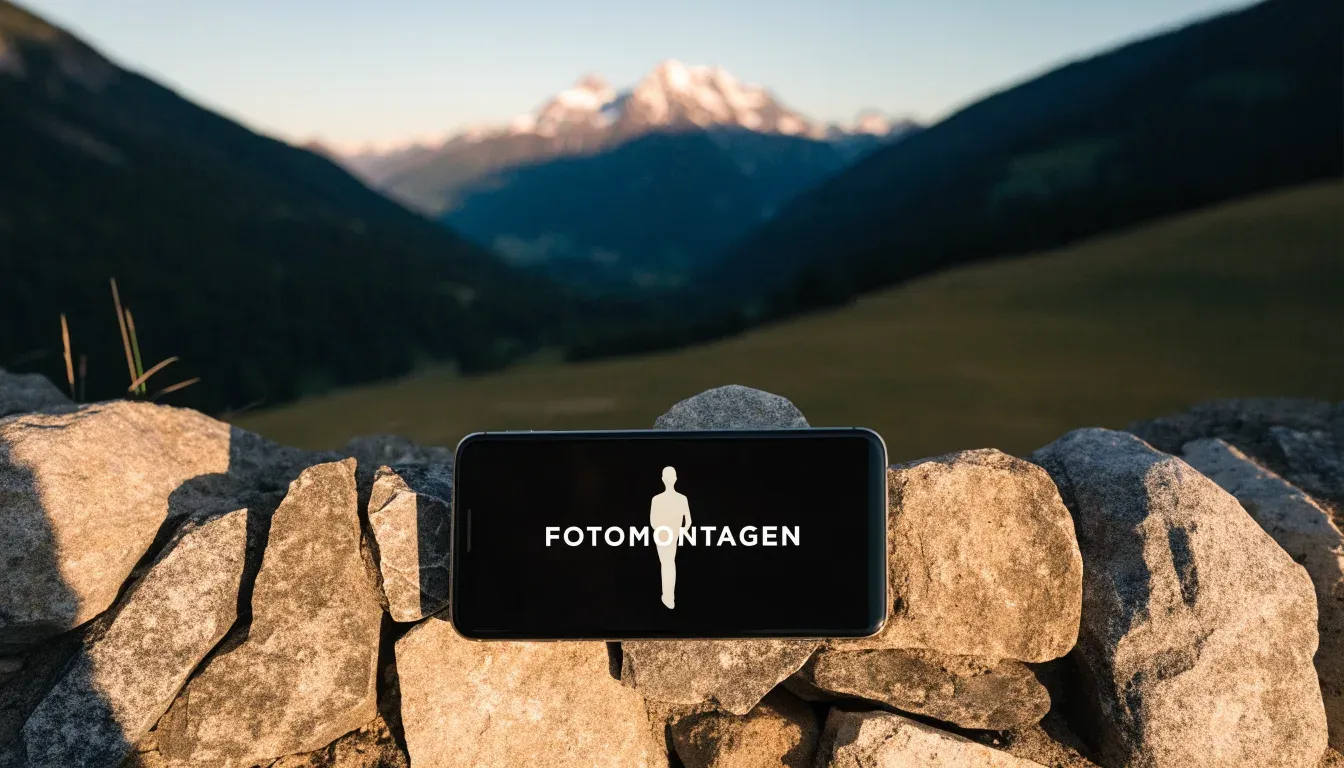 Ein Smartphone mit dunklem Display liegt auf einer Steinmauer, dahinter ein Alpental im Abendlicht