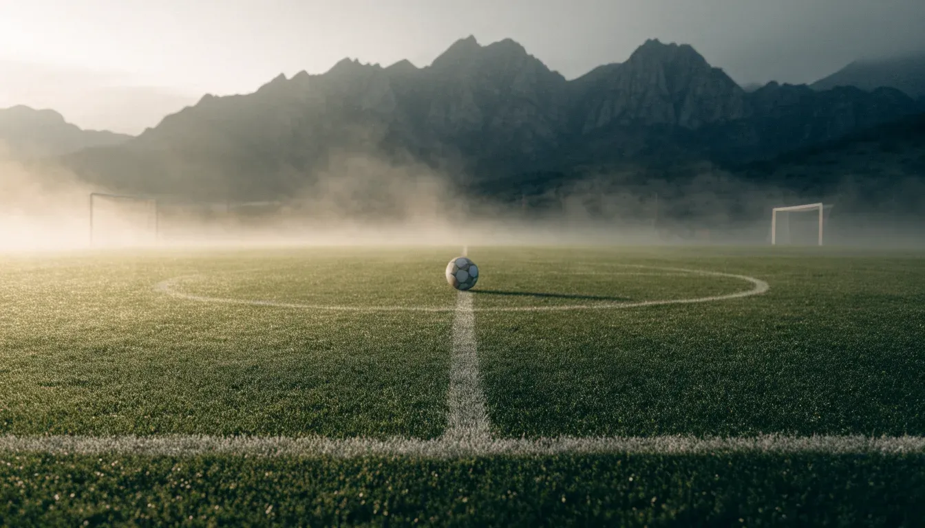 Ein einzelner Fussball auf dem Mittelpunkt eines leeren Rasens im Morgennebel, hinter dem Tor ragen Berge auf