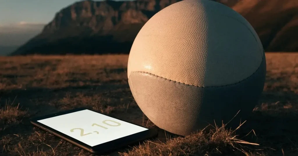 Ein Fussball auf einem staubigen Rasenstück in der Abendsonne, im Hintergrund eine hohe Bergkette