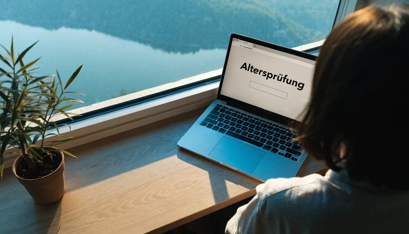 Eine Topfpflanze auf einem Fensterbrett mit weitem Blick über einen stillen See am Morgen