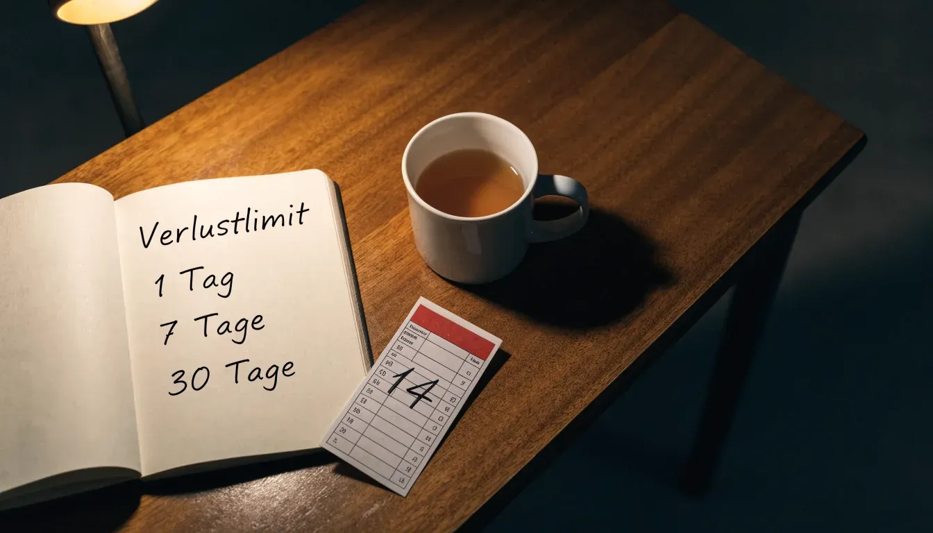 Ein Notizbuch mit handschriftlichen Einträgen und eine Tasse Tee stehen auf einem Tisch neben einer Stehlampe