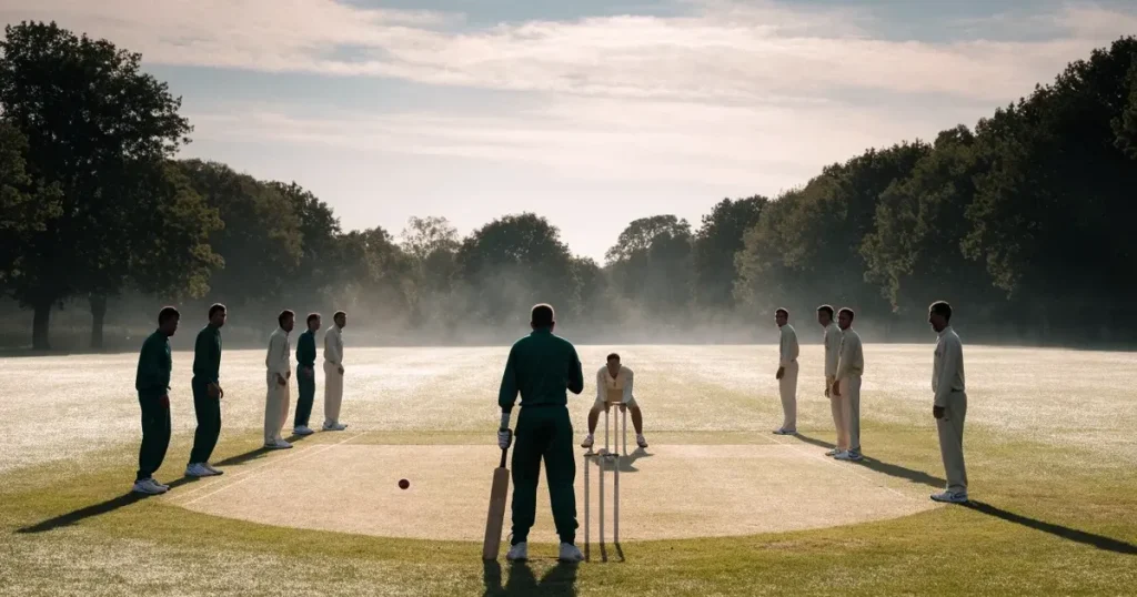 Ein ovales Cricketfeld mit gemähtem Rasen und hellem Mittelstreifen am frühen Morgen, Nebel zwischen den Bäumen am Rand