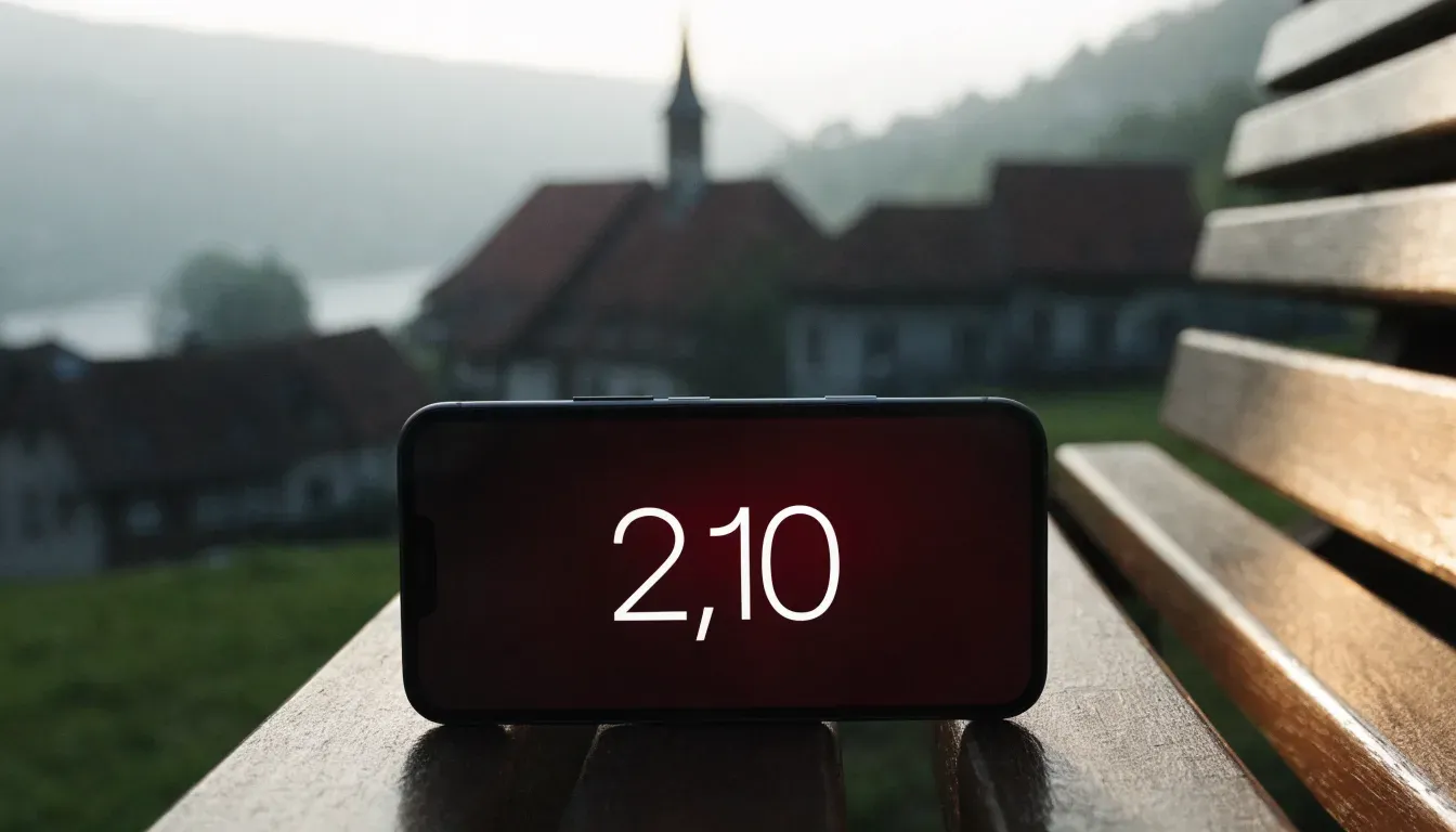Ein Smartphone mit dunklem Display liegt auf einer Parkbank, dahinter ein Schweizer Dorf mit Kirchturm im Dunst