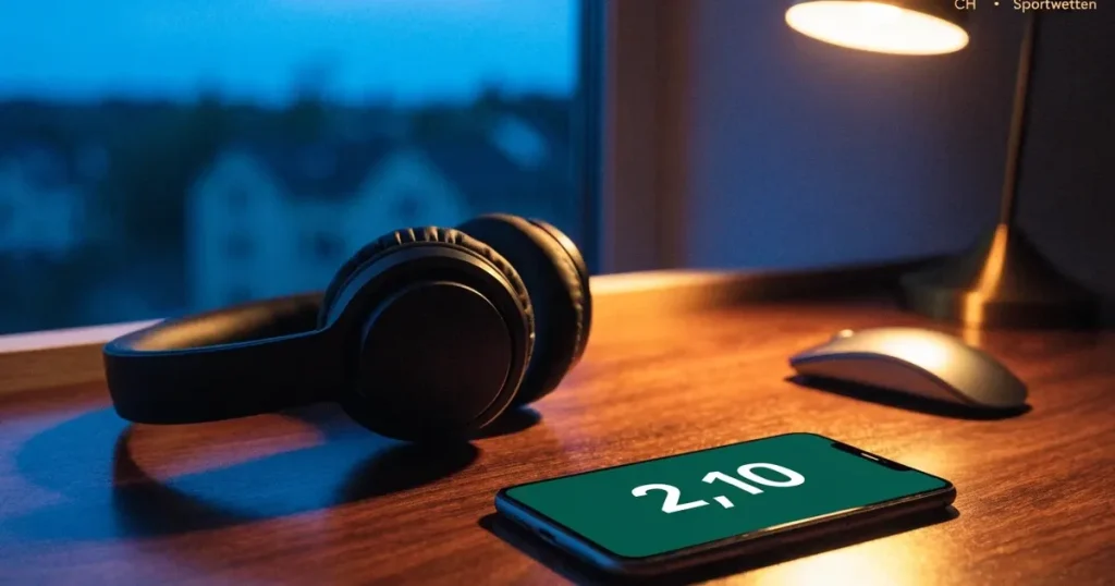 Ein Headset und eine Computermaus liegen auf einem Holzschreibtisch neben einer Tischlampe, draussen ist es Abend
