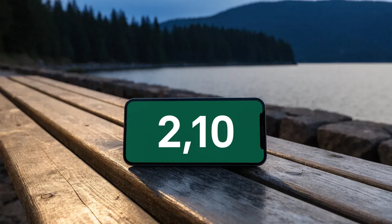 Eine leere Holzbank am Seeufer in der Dämmerung, im Hintergrund dunkle Berge