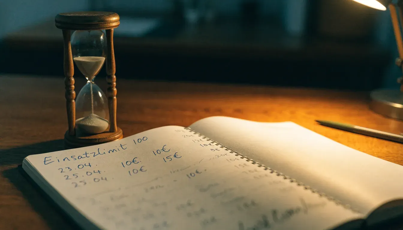 Eine Sanduhr steht auf einem Schreibtisch neben einem Notizbuch mit handschriftlichen Einträgen im Licht einer Lampe