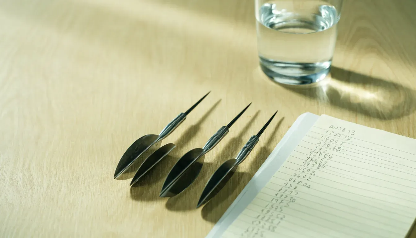 Drei Dartpfeile liegen auf einer Holzfläche neben einem Notizblock mit handschriftlichen Zahlen und einem Glas Wasser