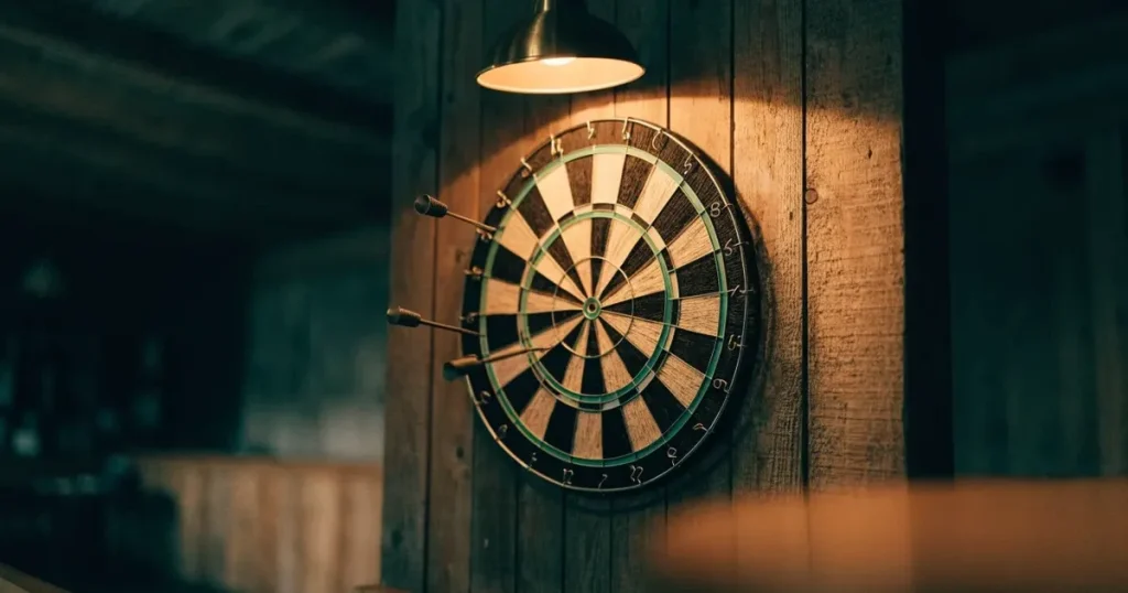 Drei Dartpfeile stecken in einer Dartscheibe an einer Holzwand in einer dämmrigen Kneipe, warmes Lampenlicht fällt von oben
