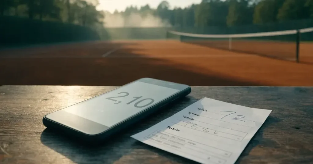 Ein Tennisplatz aus Sand bei Sonnenaufgang mit gespanntem Netz, Nebel zwischen den Bäumen am Rand