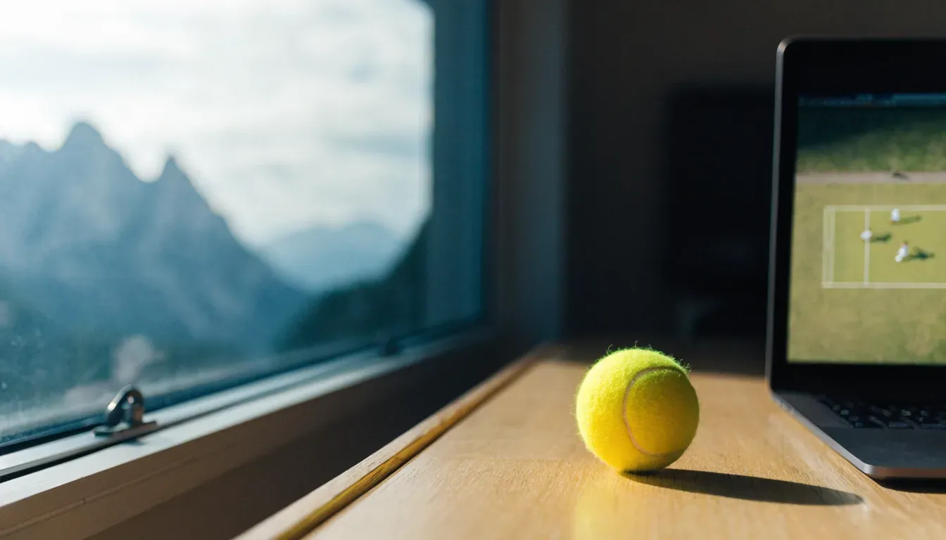 Ein einzelner gelber Tennisball liegt auf einem Holztisch vor einem Fenster mit Alpenblick