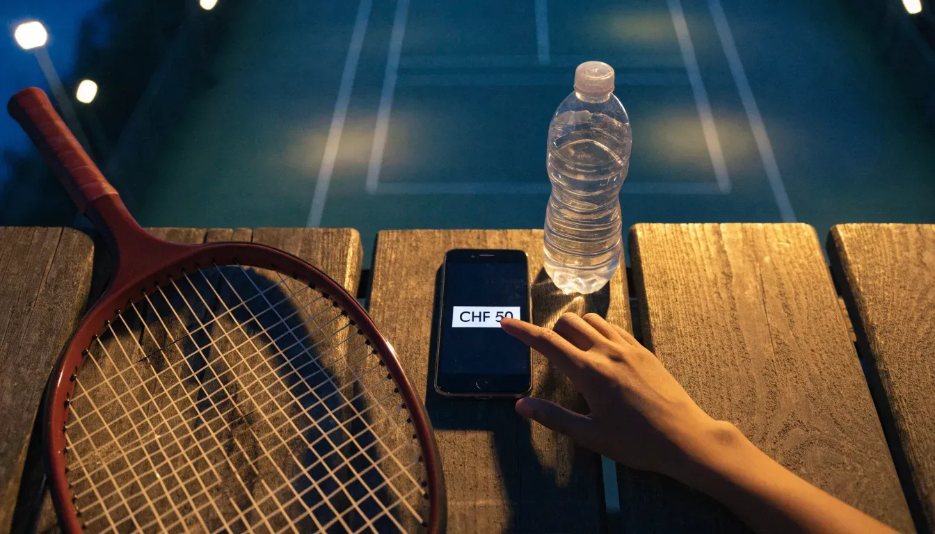 Ein Tennisschläger lehnt an einer Bank neben einer Wasserflasche, am Abend ruht der Platz im Flutlicht, aus der Ferne gesehen