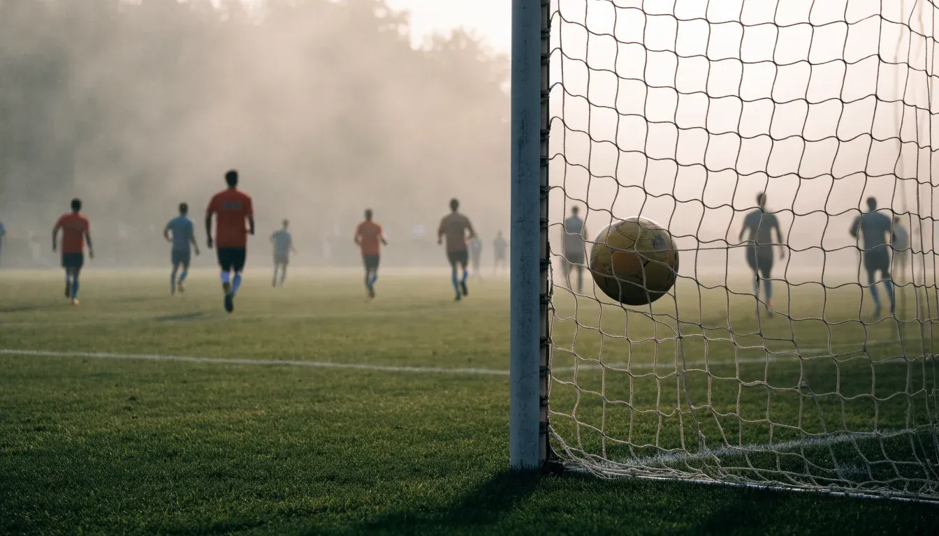 Ein Fussball liegt im Netz hinter einem Tor, weicher Morgennebel hängt über dem Rasen