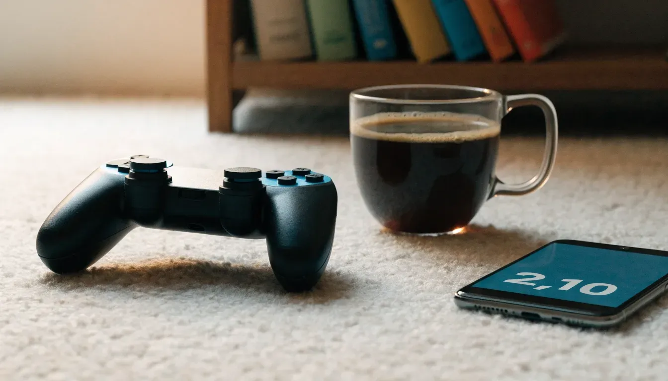 Ein Spielcontroller liegt auf einem Teppich neben einer Tasse, im Hintergrund ein Regal mit Büchern