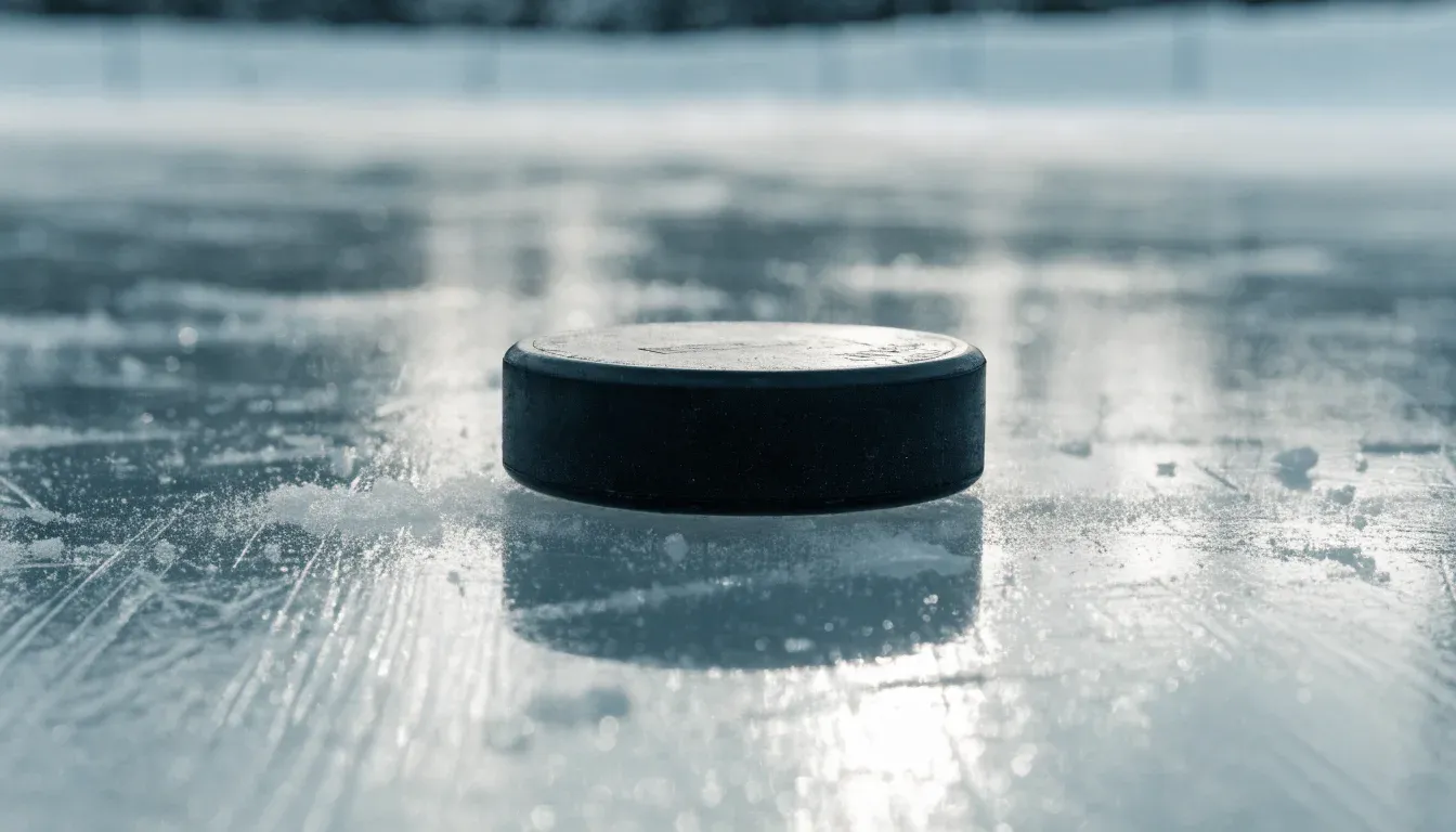 Ein Eishockeypuck liegt auf einer Eisfläche mit Kratzspuren, Nahaufnahme mit kühlen Reflexen