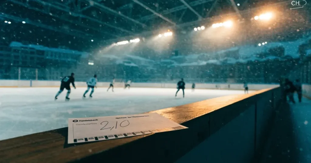 Eine Eishalle von weitem unter Flutlicht in einer verschneiten Stadtlandschaft, Dampf steigt vom Dach auf