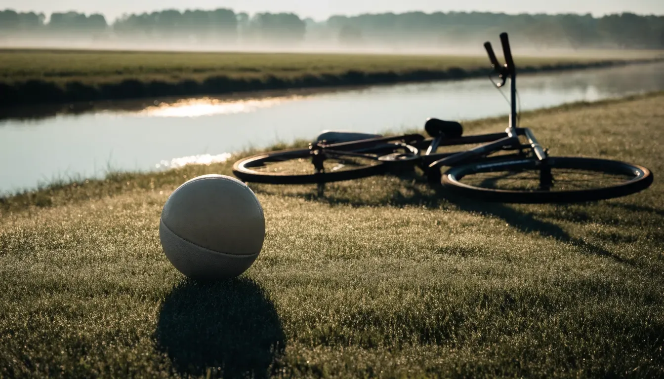 Ein Fussball liegt auf einer Wiese neben einem Fahrrad, im Hintergrund ein Kanal im Morgenlicht