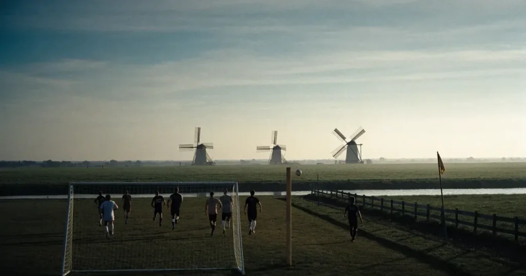 Ein Fussballplatz neben einem Kanal in flachem Land mit Windrädern am Horizont, Abendlicht liegt über dem Rasen