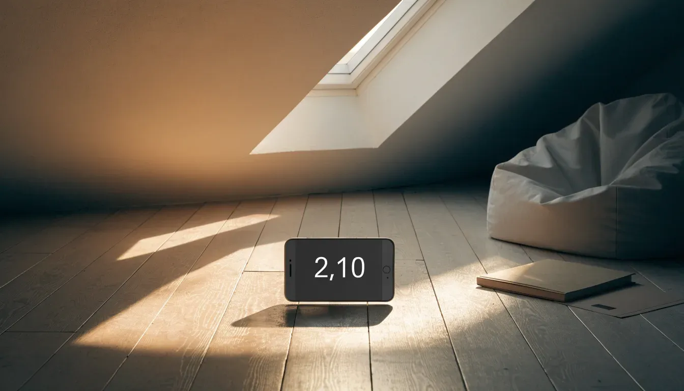 Ein leerer Sitzsack steht in einem Zimmer mit Dachfenster, Abendlicht fällt auf den Holzboden