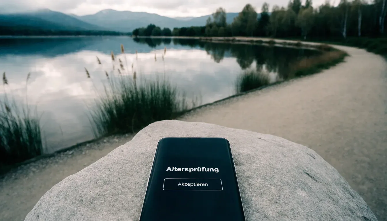 Ein schmaler Wanderweg führt am Seeufer entlang, auf einem Stein liegt ein Smartphone mit dunklem Display