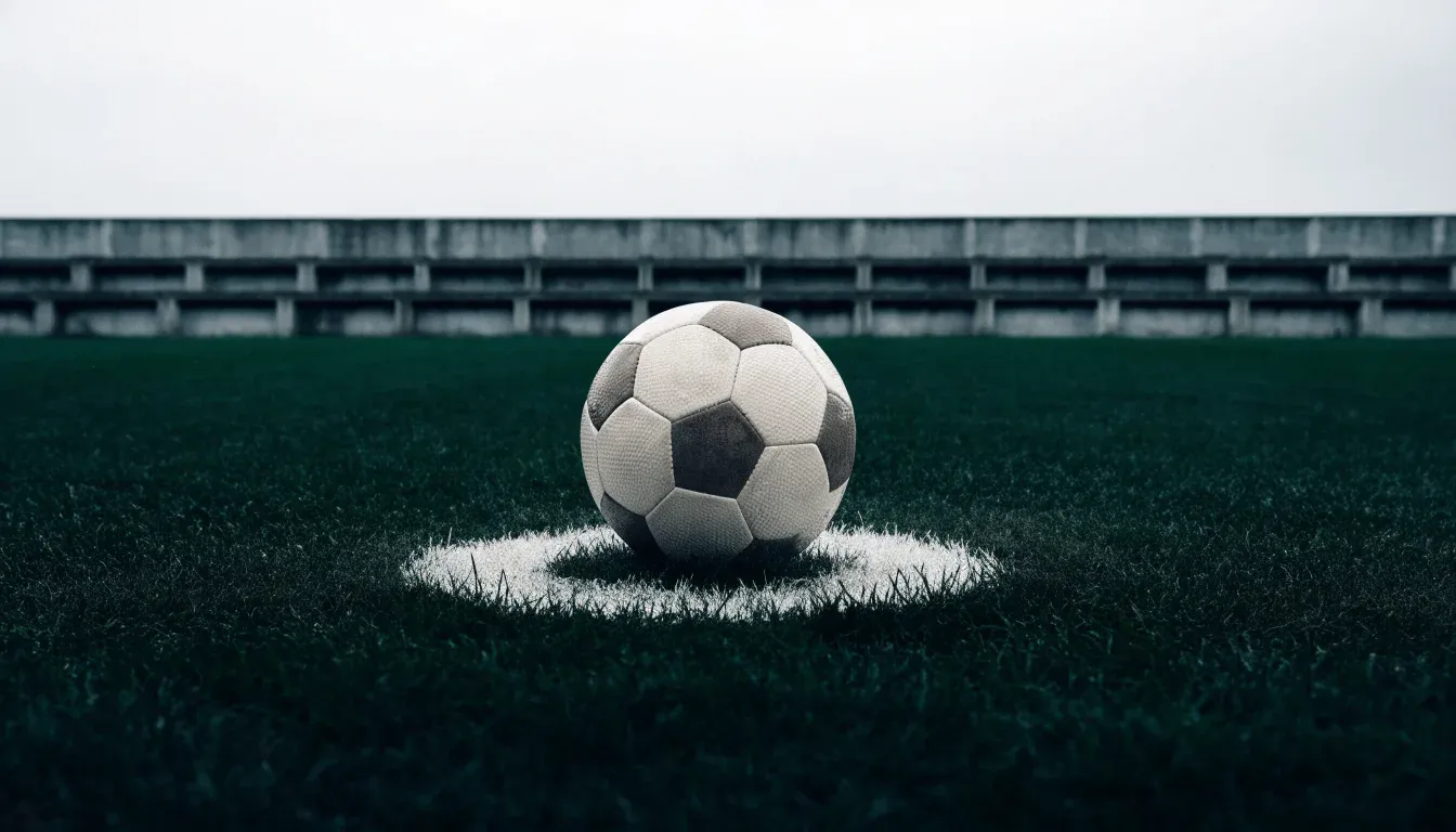Ein Fussball liegt auf dem Anstosspunkt eines nassen Rasens, dahinter eine leere Tribüne unter grauem Himmel.