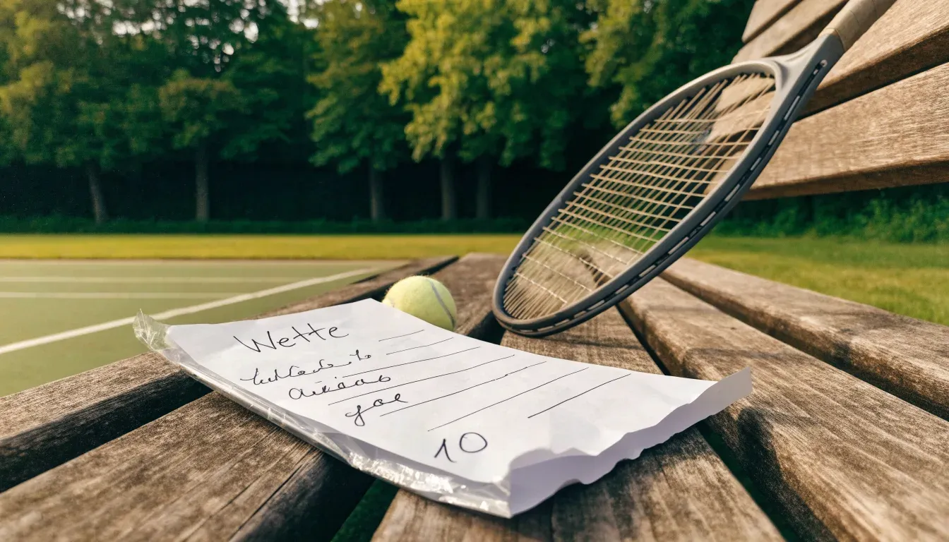 Ein Tennisball und ein Schläger ruhen auf einer Holzbank am Spielfeldrand, im Hintergrund hohe Bäume im Sommerlicht.