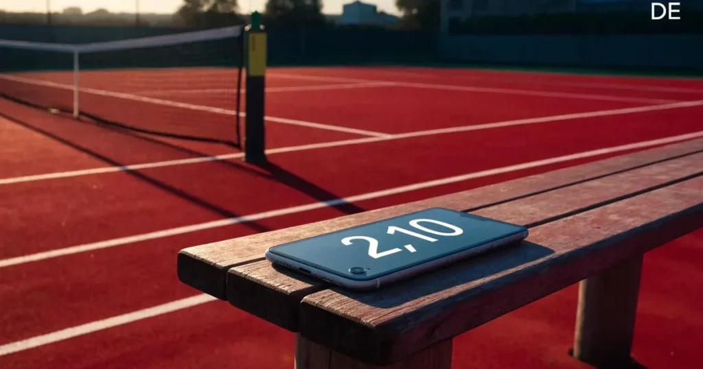 Ein Tennisplatz aus rotem Sand liegt im ersten Licht des Morgens, das Netz hängt still und die Linien sind frisch gezogen.