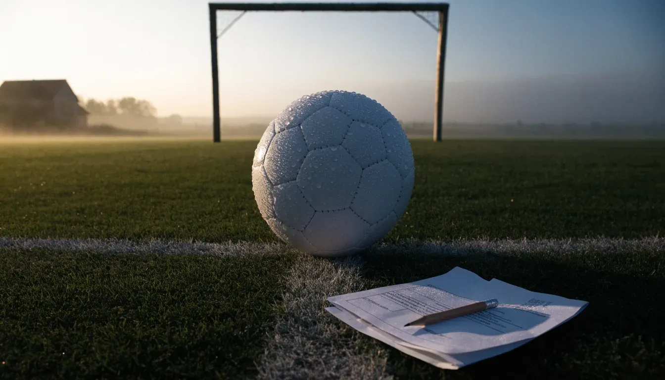 Ein Fussball liegt im Tau auf der Mittellinie eines Dorfplatzes bei Sonnenaufgang, der Rasen glitzert.