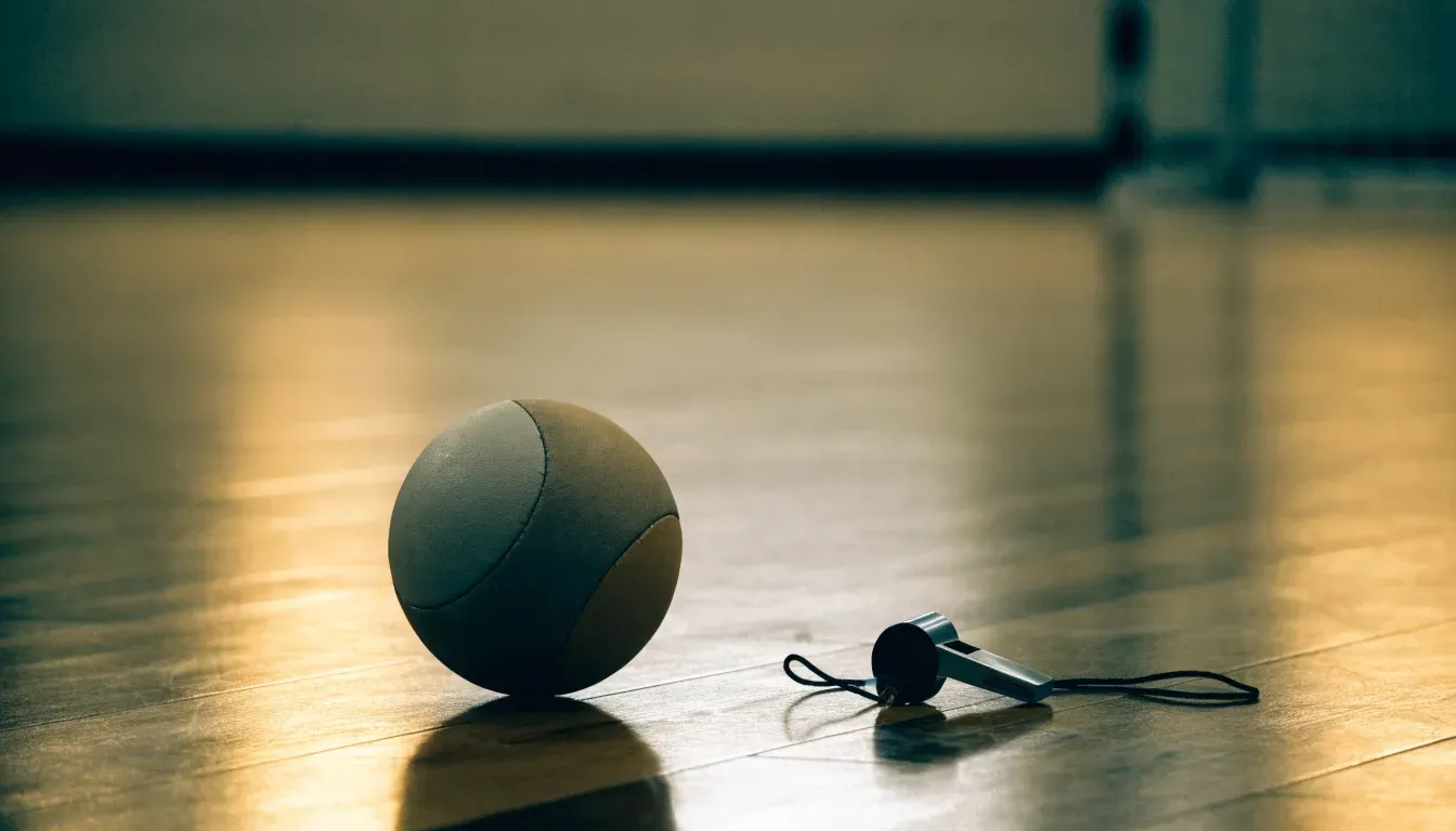 Ein kleiner, schwerer Ball liegt auf glattem Hallenparkett neben einer Trillerpfeife an einer Schnur.