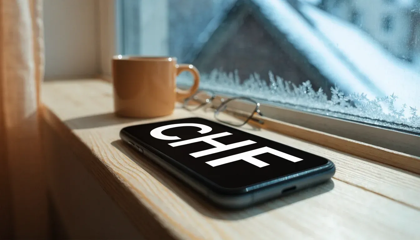 Eine Kaffeetasse und eine Brille stehen auf einem Fensterbrett, draussen fällt Schnee auf ein Dach.